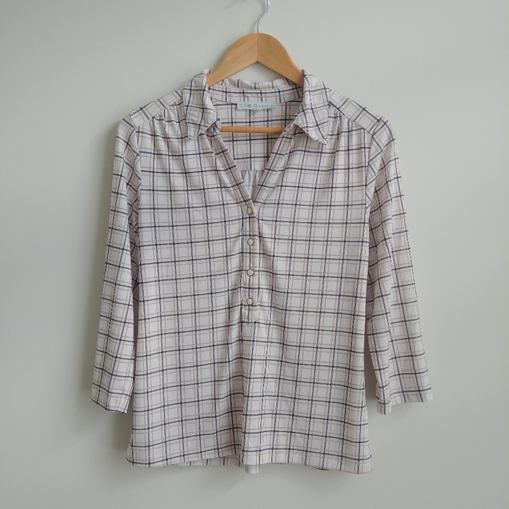 4/$20 Cleo Windowpane Pattern Cream Ivory Top Blouse No Wrinkle Medium Petite